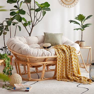 handwoven rattan chair with wood frame structure
