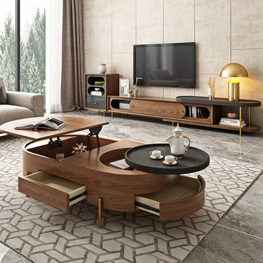 liftable walnut coffee table with storage mechanism
