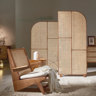 movable room divider with woven rattan panels
