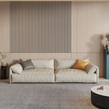 low-seated leather sofa with wood frame
