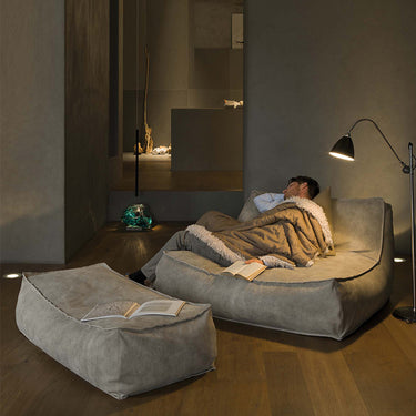suede bean bag lounge couch in living room
