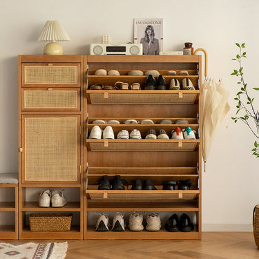 multi-tier shoe storage shelf in minimalist entryway