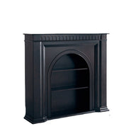 A black fireplace cabinet with a solid American pinewood construction featuring a matte finish. It has a rectangular shape with an arched top and includes a shelf on the top for decorative items.